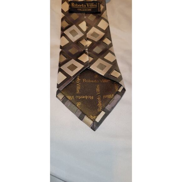 Roberto Villini Collsezione Necktie 58"x4" 100% Silk Tie Geometric Tan Gold - Picture 7 of 8